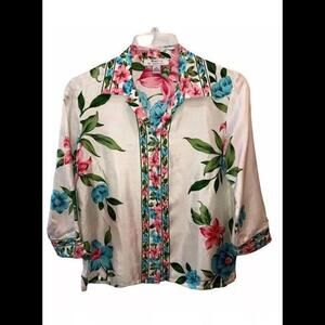 🦄👚🐩Savy By Rafael  Women's Sz S Button Up Silk Blouse Long Sleeve White Pink